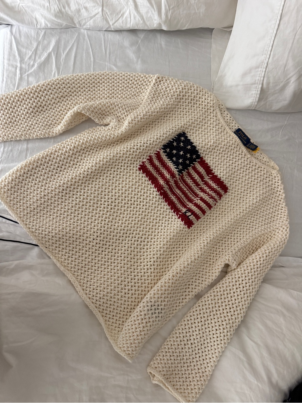 Ralph Lauren Cream Knit Sweater with American Flag Detail